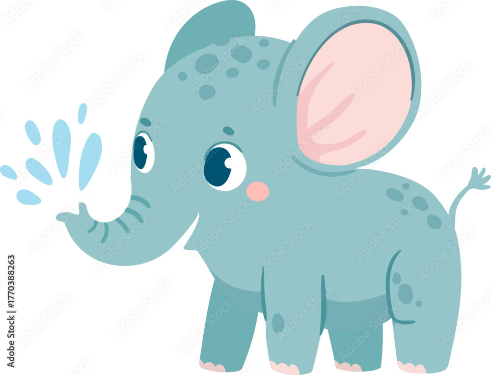 Naklejka premium Baby elephants. Cute cartoon animal and tropical leaves. Baby shower elephant slesvg, sits and does water jet. Nursery decoration vector set
