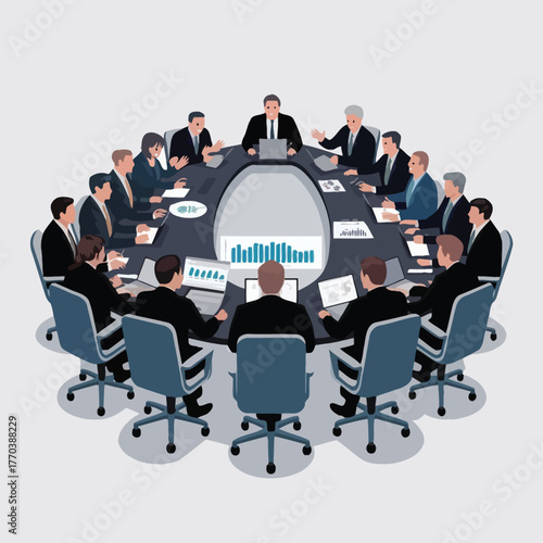 Corporate Boardroom Meeting Business Team Vector Illustration Diverse Professionals Discussing Strategy Plans Success Growth Negotiation Collaboration Cooperation