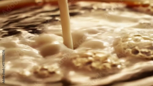 Pouring creamer in swirling coffee, macro shot for beverage advertising