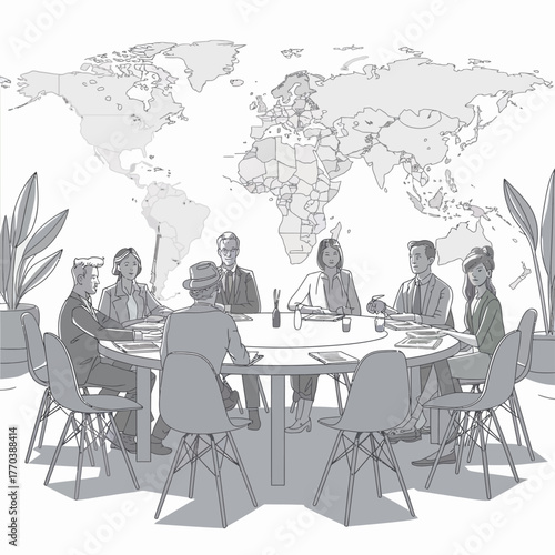 Global Discussion at Round Table Meeting Vector Illustration International Communication Business Strategy World Affairs Collaboration Diverse Perspectives Gray Scale