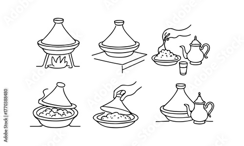 Hand drawn moroccan tagine cooking and serving illustrations