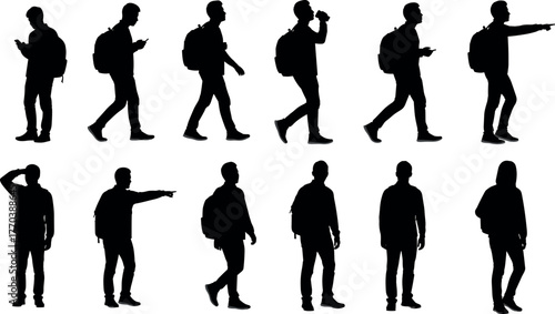 Backpack-wearing people silhouettes, casual walking and standing poses, black vector illustration set, lifestyle concept, youth travel, motion design