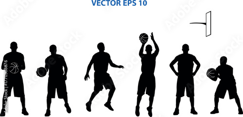 Basketball player silhouette sequence, dribbling, shooting, jumping, hoop interaction, black vector illustration, sports motion, training concept, athletic pose