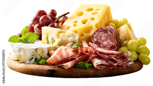 Gourmet cheese and cured meat platter with grapes