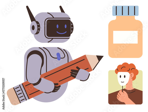 Robot carrying large pencil, jar symbolizing creativity, human holding mask representing identity, emotion. Ideal for AI, creativity, self-expression, identity, innovation education technology