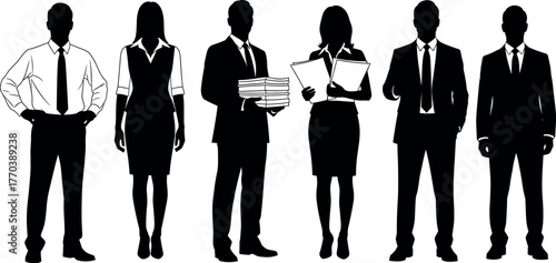Business professionals silhouettes, formal attire, corporate team standing, black vector illustration, office staff, teamwork concept, confident pose, leadership symbol