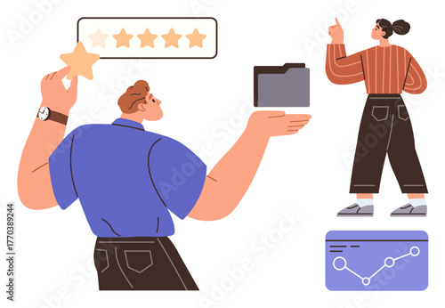 Two individuals collaborating on project evaluation, featuring a star rating system, file folder, and data analytics graph. Ideal for teamwork, feedback, data analysis, file management, business