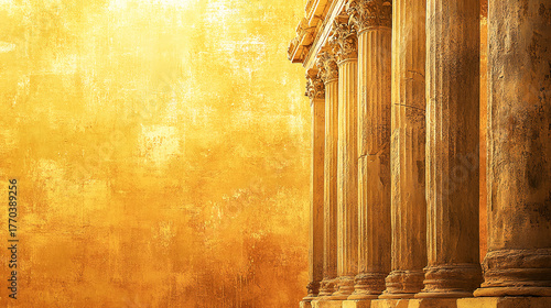 Golden yellow ancient Greece and Roman Empire-themed texture wallpaper featuring classical pillars and old architectural elements with ample blank copy space
