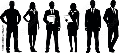 Business team silhouettes, professional men and women in formal attire, confident poses, black vector illustration, corporate concept, teamwork symbol