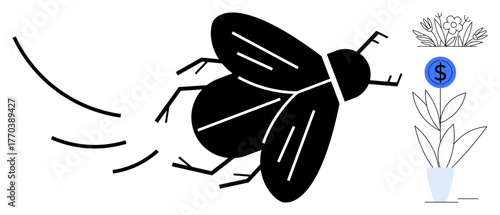 Black fly in motion with curved lines near outlined plants, a flower vase, and dollar coin. Ideal for ecology, pest control, economy, sustainability, farming, minimalism simple flat metaphor