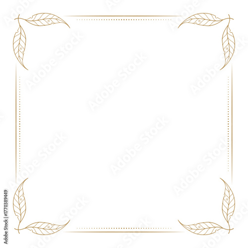 Gold symmetrical square frame with delicate leaves. Elegant botanical line border for classic design and invitations