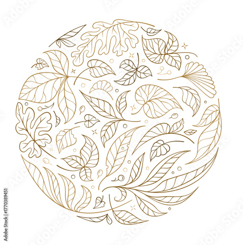 Golden botanical circle. Elegant decorative vector with leaves and fine line details