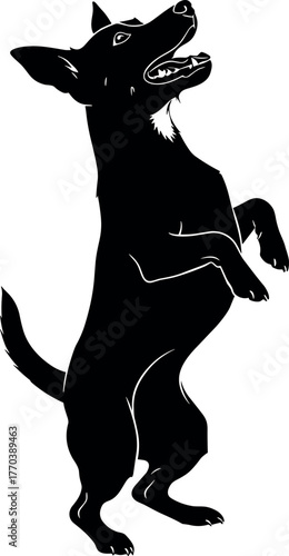 Dog silhouette standing upright, playful pose with raised paws, black vector illustration, pet trick, behavior concept, animal design art