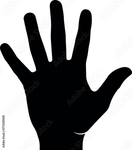 Human hand silhouette, palm facing viewer, fingers spread wide, black vector illustration, gesture symbol, anatomy graphic, design template art