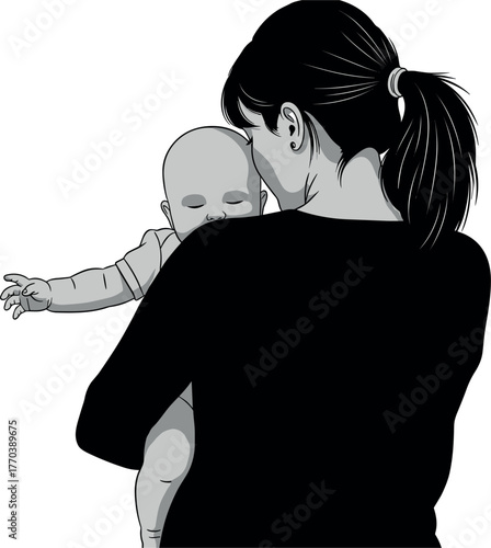 Mother holding baby, rear view, emotional bond, black and white illustration, caregiver love, parenting concept, family connection, minimalist art