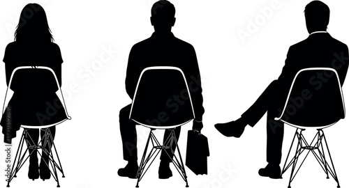 Silhouette of business people sitting on chairs, waiting for interview, teamwork concept, corporate meeting preparation, modern office background, professionalism