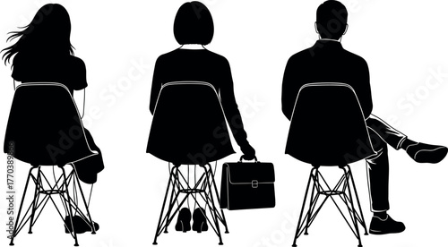 Silhouette of business people sitting on chairs, waiting for job interview, teamwork and corporate meeting concept, modern office workplace background