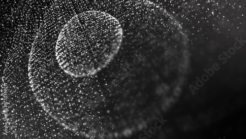 Halftone Circular design with fragments, particles, molecular spheres, glowing energy patterns, endless motion, hypnotic lines, cosmic features,  abstract avocado. Perfect for science,  technology 
