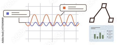 Wave chart with annotations, bar graph dashboard, and hierarchical diagram. Ideal for analytics, strategy, statistics, research, education technology and AI planning. A simple flat metaphor
