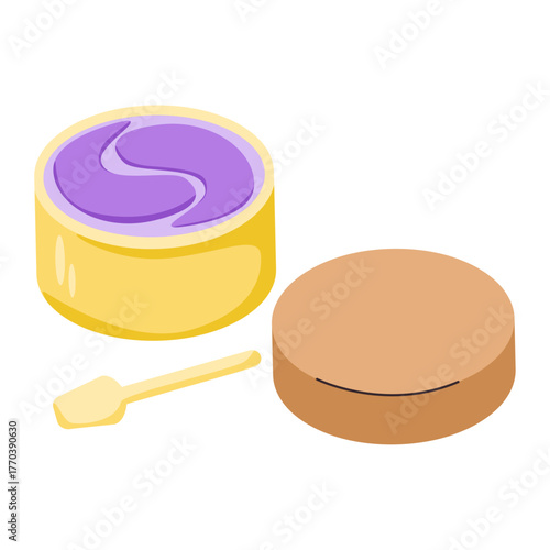 Open jar of hyaluronic eye patches with wooden spatula, natural cosmetics for skin care around the eyes. Illustration for beauty and spa products