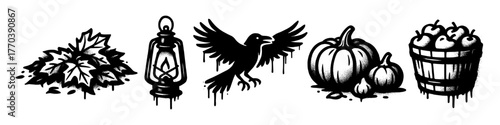 Dark fall graffiti icons for edgy seasonal campaigns, perfect for Halloween, harvest designs, and rustic product branding.