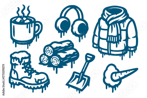 Winter essentials graffiti icons for cold season ads, ideal for apparel, outdoor gear, and cozy lifestyle content.