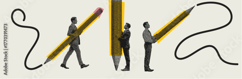Creative halftone illustration of businessmen holding giant pencils symbolizing ideas, design, and productivity