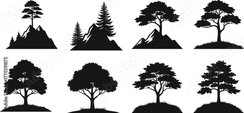 PrintTree and mountain silhouettes, nature landscape vector, forest and outdoor scenery design, black tree shapes, woodland illustration, mountain view art