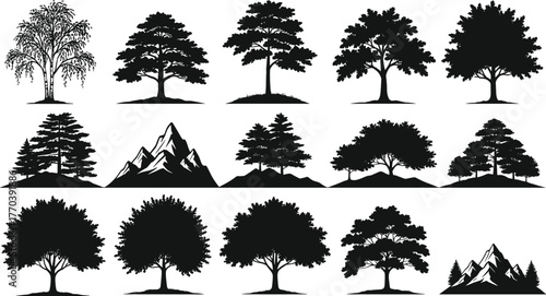 PrintTree and mountain silhouettes, forest landscape vector, nature illustration, black tree shapes, outdoor scenery design elements, woodland art, mountain view icons
