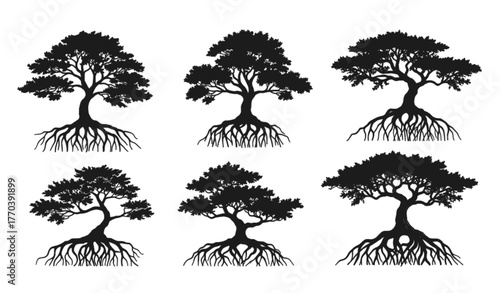 PrintTree roots silhouette collection, nature illustration, black tree design, forest art, botanical drawing, eco friendly concept, abstract nature pattern, growth symbol
