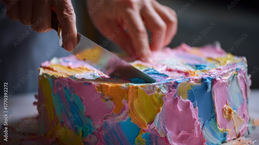 Fototapeta premium Colorful cake cutting