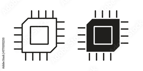 Computer microprocessor icon illustrations collection. editable stroke outline and flat style