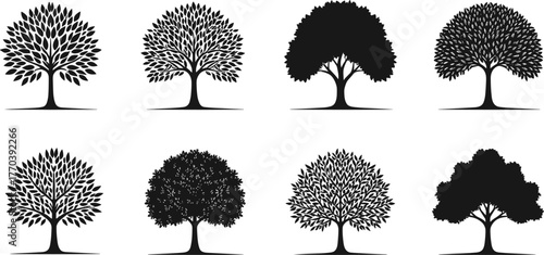 PrintTree silhouette collection, natural landscape design elements, botanical vector illustration, black and white tree shapes, nature art for decoration and design