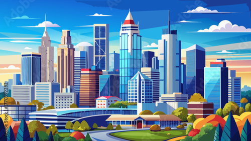 Very beautiful panoramic view of downtown Atlanta skyline featuring several prominent skyscrapers and hotels under a clear blue sky, showcasing the vibrant urban landscape of Georgia’s capital city.