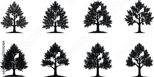 PrintTree silhouette with owl design, forest nature art, wildlife illustration, black vector trees with birds, woodland night scene, natural decoration