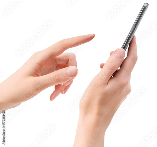 Fototapete Female hands tapping on smartphone screen on isolated white background, side vie