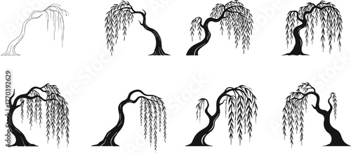 PrintWillow tree silhouette collection, elegant tree design, nature vector art, weeping willow illustration, landscape decoration, botanical graphic, black tree shapes