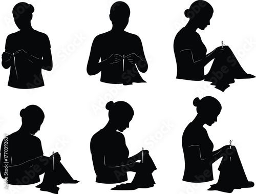 PrintWoman sewing fabric with needle and thread, silhouette of tailor crafting textile art, handmade clothing, creative fashion design, needlework illustration