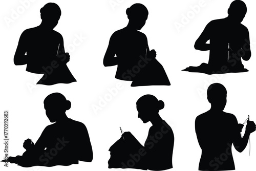 Woman sewing fabric with needle and thread, silhouette of tailor crafting textile art, handmade clothing, creative fashion design, needlework illustration