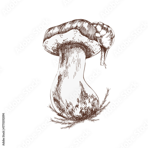 Bolete mushroom with snail on cap engraved graphics illustration. Hand drawn forest wild fungus clipart, organic etching painting for autumn harvest season poster, card design