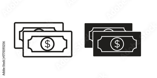 Dollar notes icon illustrations collection. editable stroke outline and flat style