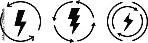 Lightning bolt with circular arrow symbol. Energy cycle icon set. Black lightning bolt symbol within a circular arrow flow. sustainable power cycle on transparent background 
