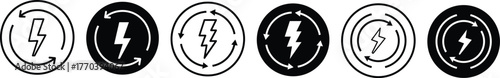 Lightning bolt with circular arrow symbol. Energy cycle icon set. Black lightning bolt symbol within a circular arrow flow. sustainable power cycle on transparent background 
