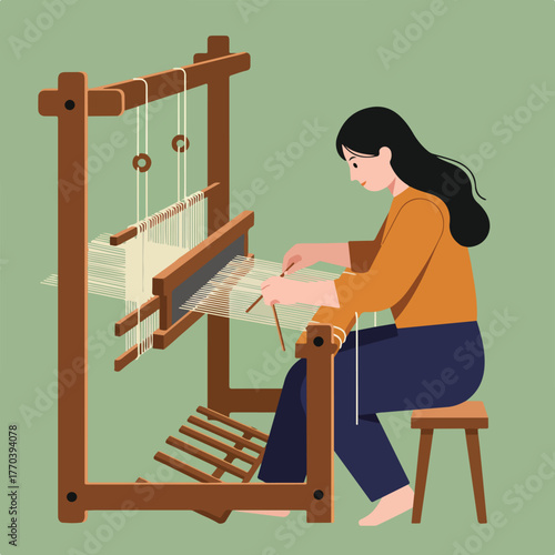 An illustration shows a person weaving on a loom with intricate details, sitting on a stool