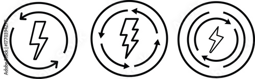 Lightning bolt with circular arrow symbol. Energy cycle icon set. Black lightning bolt symbol within a circular arrow flow. sustainable power cycle on transparent background 
