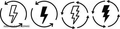 Lightning bolt with circular arrow symbol. Energy cycle icon set. Black lightning bolt symbol within a circular arrow flow. sustainable power cycle on transparent background 
