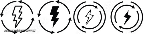 Lightning bolt with circular arrow symbol. Energy cycle icon set. Black lightning bolt symbol within a circular arrow flow. sustainable power cycle on transparent background 
