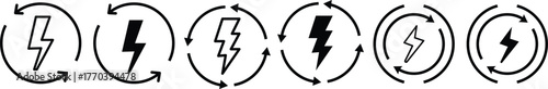 Lightning bolt with circular arrow symbol. Energy cycle icon set. Black lightning bolt symbol within a circular arrow flow. sustainable power cycle on transparent background 

