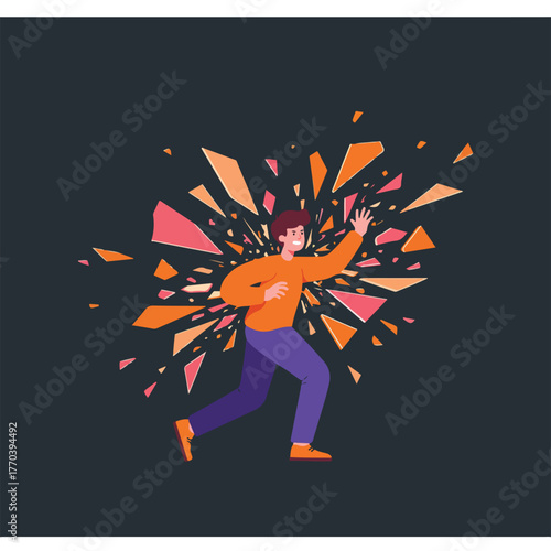 Illustration depicts a person escaping a burst of fragmented shapes, suggesting shattering or destruction