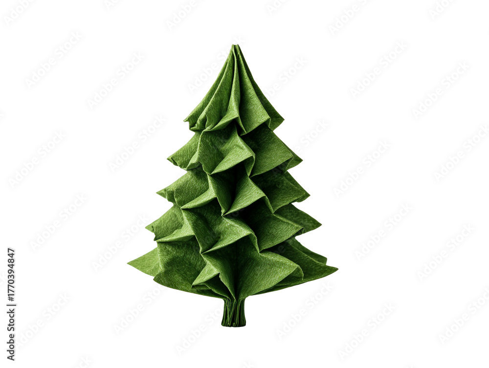 Obraz premium Green folded napkin shaped like a fir tree , isolated on transparent cutout background